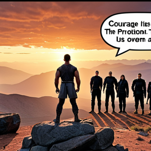 **The Brave Leader**: Create an image of a courageous leader standing confidently in front of a group of friends, embodying strength and determination. The background should depict a challenging landscape, symbolizing obstacles to overcome. Include an inspiring quote bubble that reads, "Courage is not the absence of fear, but the action despite it."