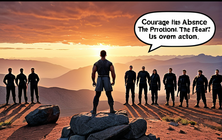 **The Brave Leader**: Create an image of a courageous leader standing confidently in front of a group of friends, embodying strength and determination. The background should depict a challenging landscape, symbolizing obstacles to overcome. Include an inspiring quote bubble that reads, "Courage is not the absence of fear, but the action despite it."