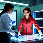 **

Prompt: "A dynamic scene from 'Tobot' featuring Lana, Dolly, and Professor Noh working together in a high-tech lab. Lana is analyzing data on a holographic screen, Dolly is showing her bravery by doing hard labor, and Professor Noh is overseeing the work, demonstrating her engineering expertise. Highlight their intelligence, strength, and teamwork, showcasing a diverse team of female heroes. Art style should be vibrant and animated, consistent with the 'Tobot' series."

**